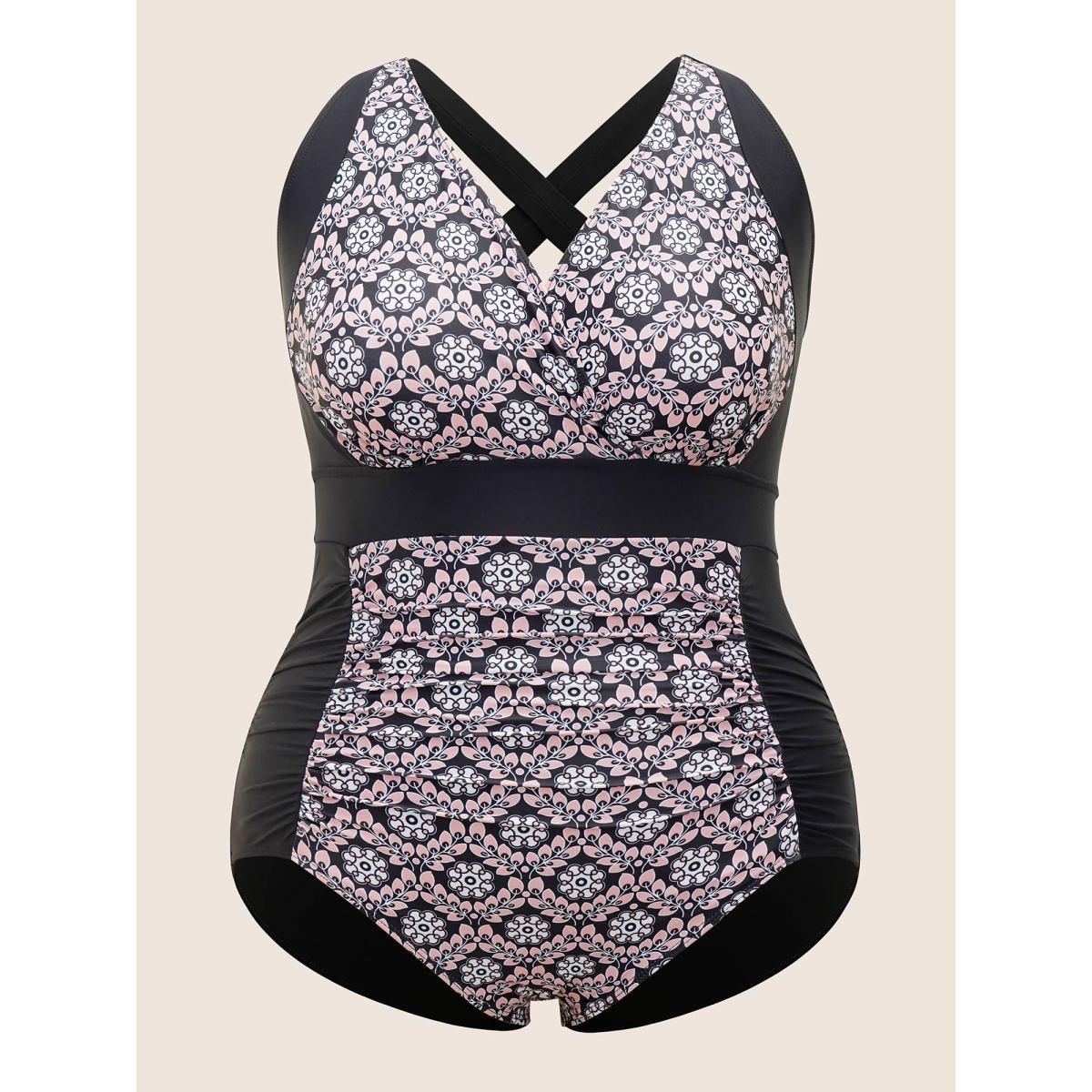 Plus Size Overlap Collar Boho Print Patchwork One Piece Swimsuit Women's Swimwear Black Beach Gathered Curve Bathing Suits High stretch One Pieces BloomChic 30/6X Product Image