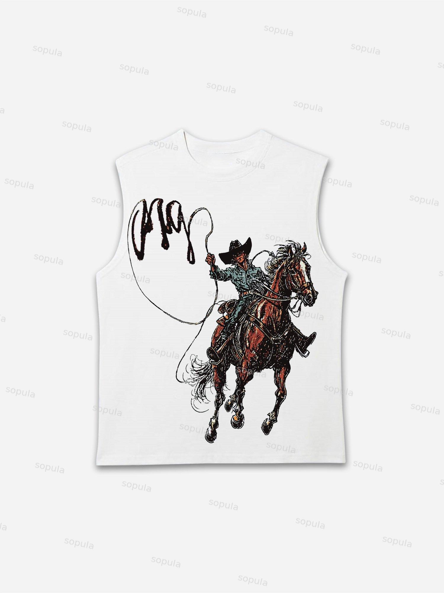 Men's Vintage Western Cowboy Graphic Sleeveless Shirts Tank Top Product Image