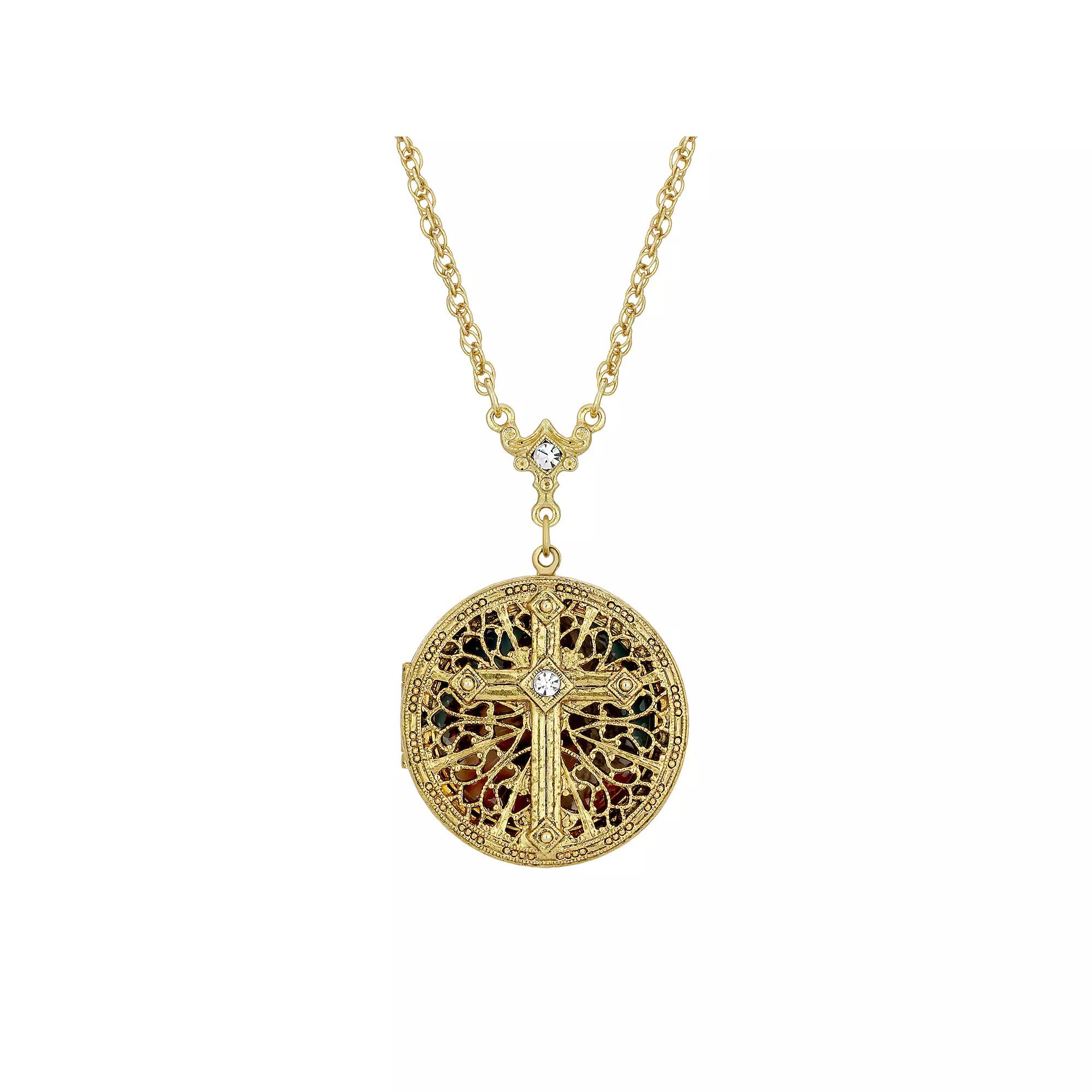 Symbols of Faith Crystal Cross Mary and Child Locket Necklace, Womens, Gold Tone Product Image