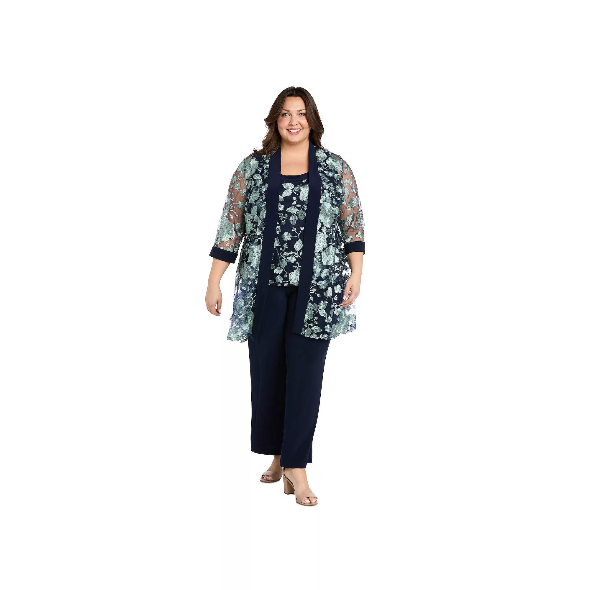 Plus Size R&M Richards 2-pc. Floral Threaded Duster & Pantsuit Set, Women's, Size: 16 W, Blue Sage Product Image
