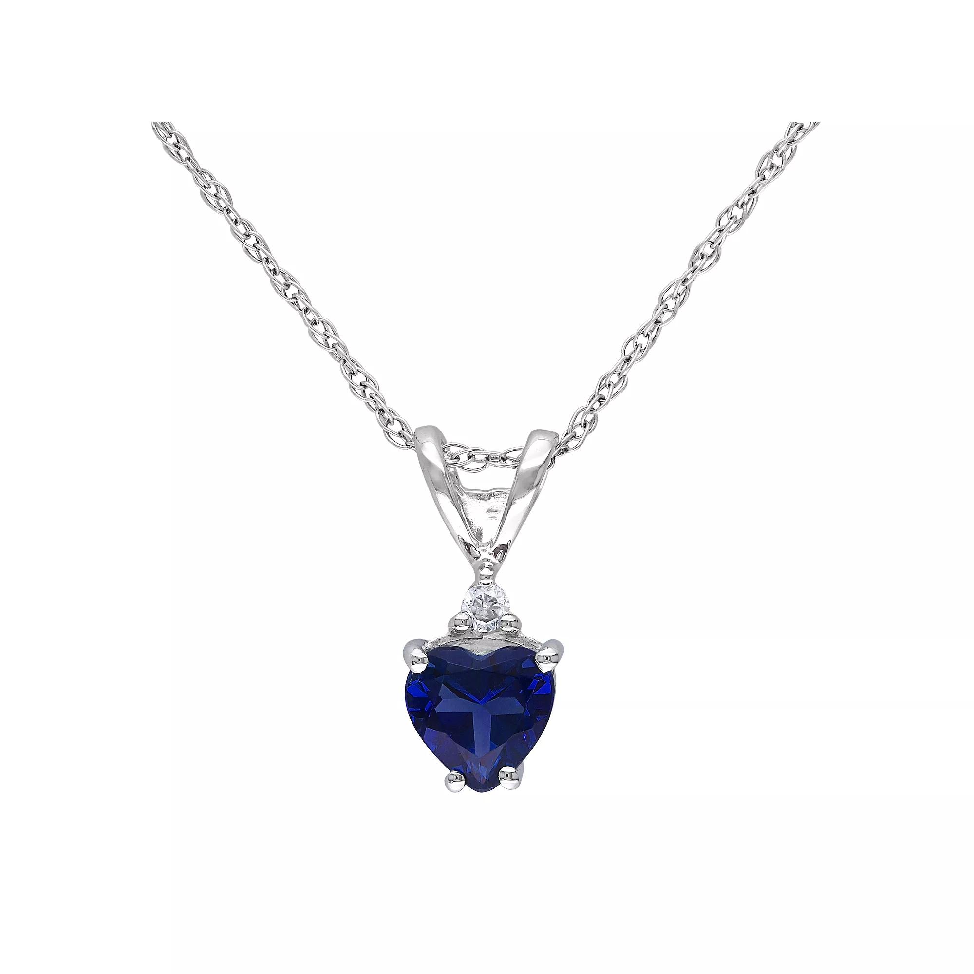 Stella Grace 10k White Gold Lab-Created Sapphire & 1/5 Carat T.W. Diamond Heart Pendant Necklace, Women's, Size: 18", Blue Product Image