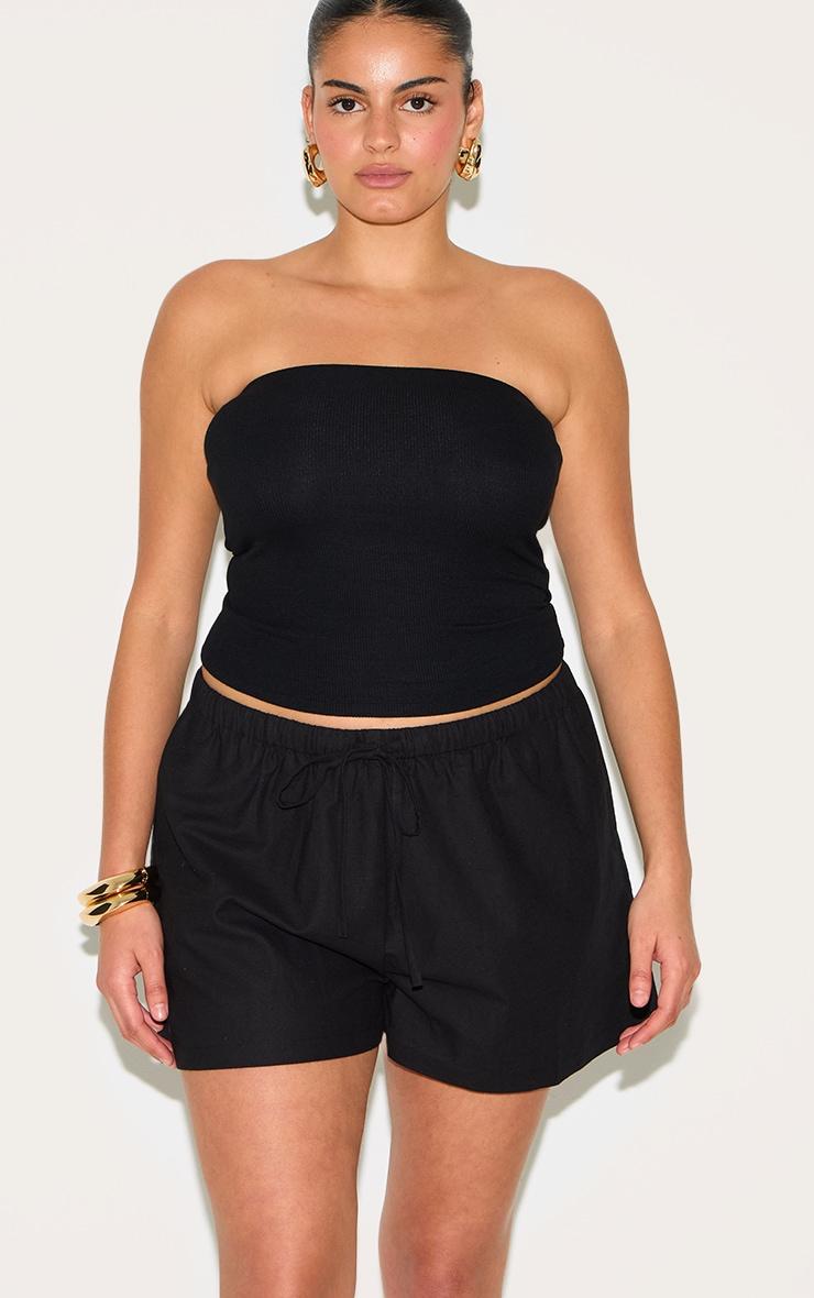 Plus Black Textured Drawstring Floaty Shorts Product Image