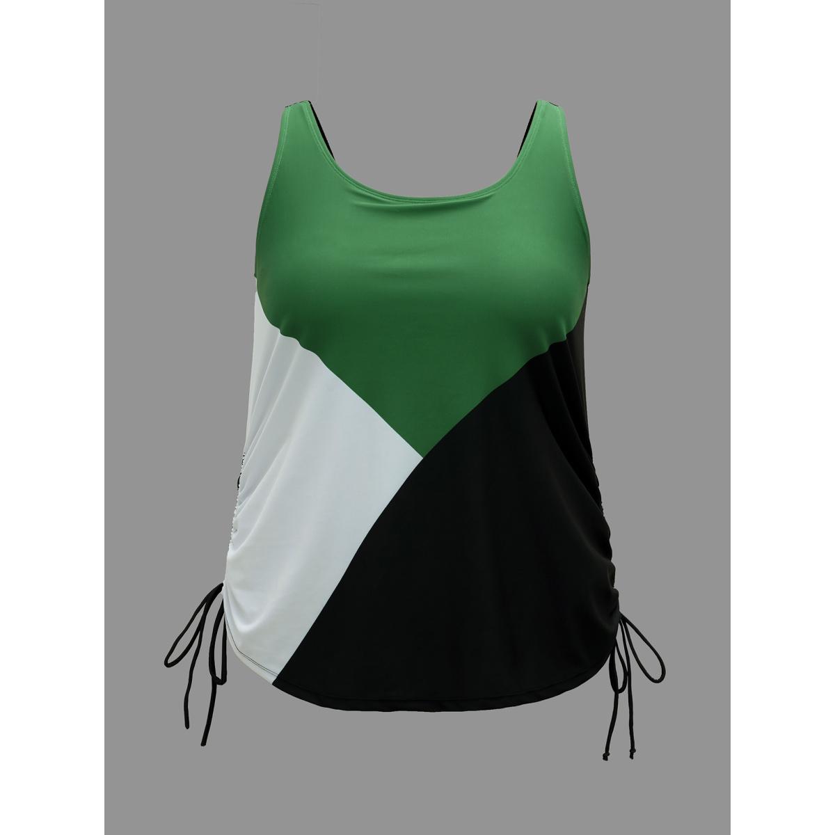 Plus Size Color Block Drawstring Cami Swim Top Women's Swimwear Black Beach Drawstring High stretch Bodycon U-neck Curve Swim Tops BloomChic 28/5X Product Image