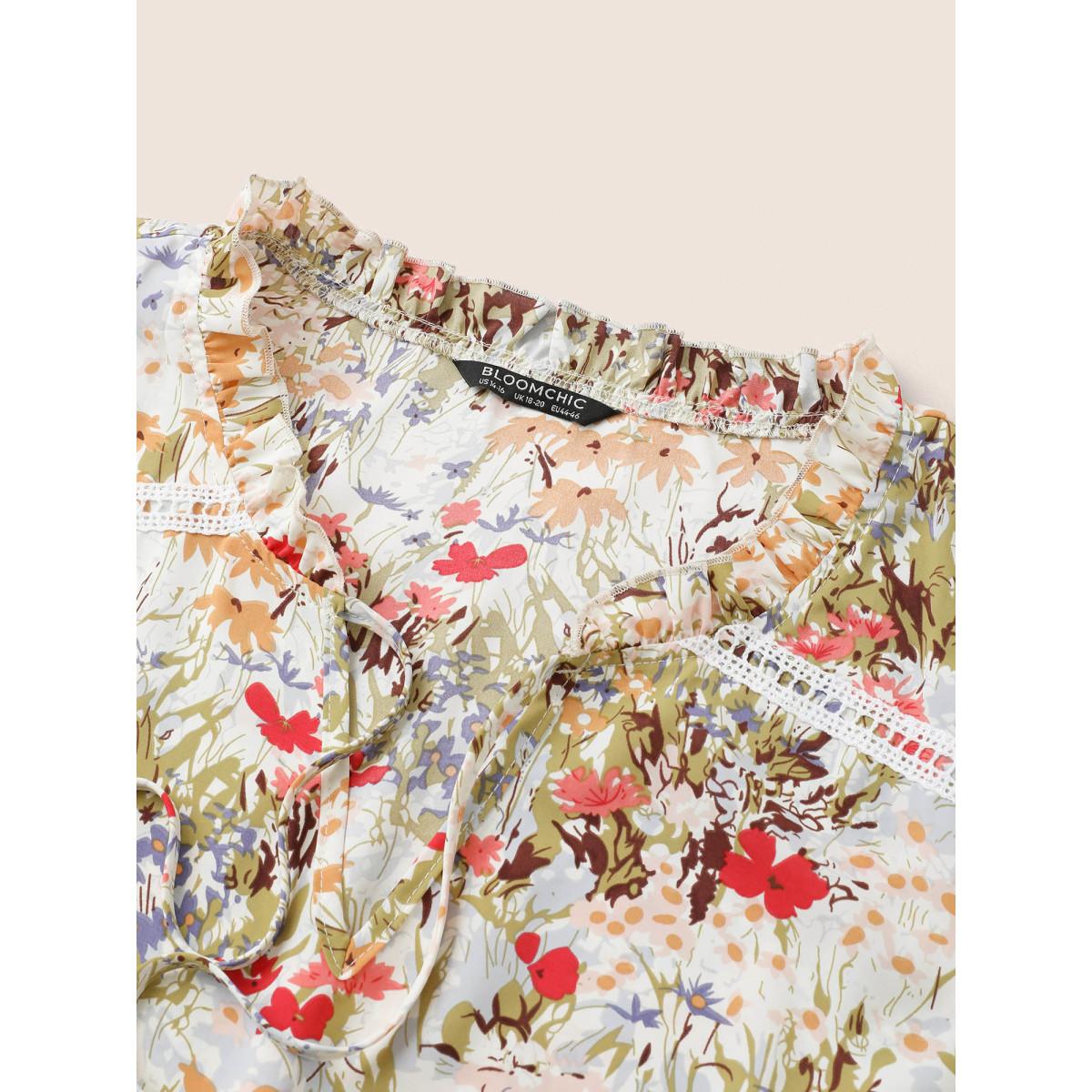 Plus Size Ivory Allover Print Tiered Ruffles Lace Patchwork Ties Blouse Women Elegant Short sleeve Notched collar Everyday Blouses BloomChic 12/L Product Image