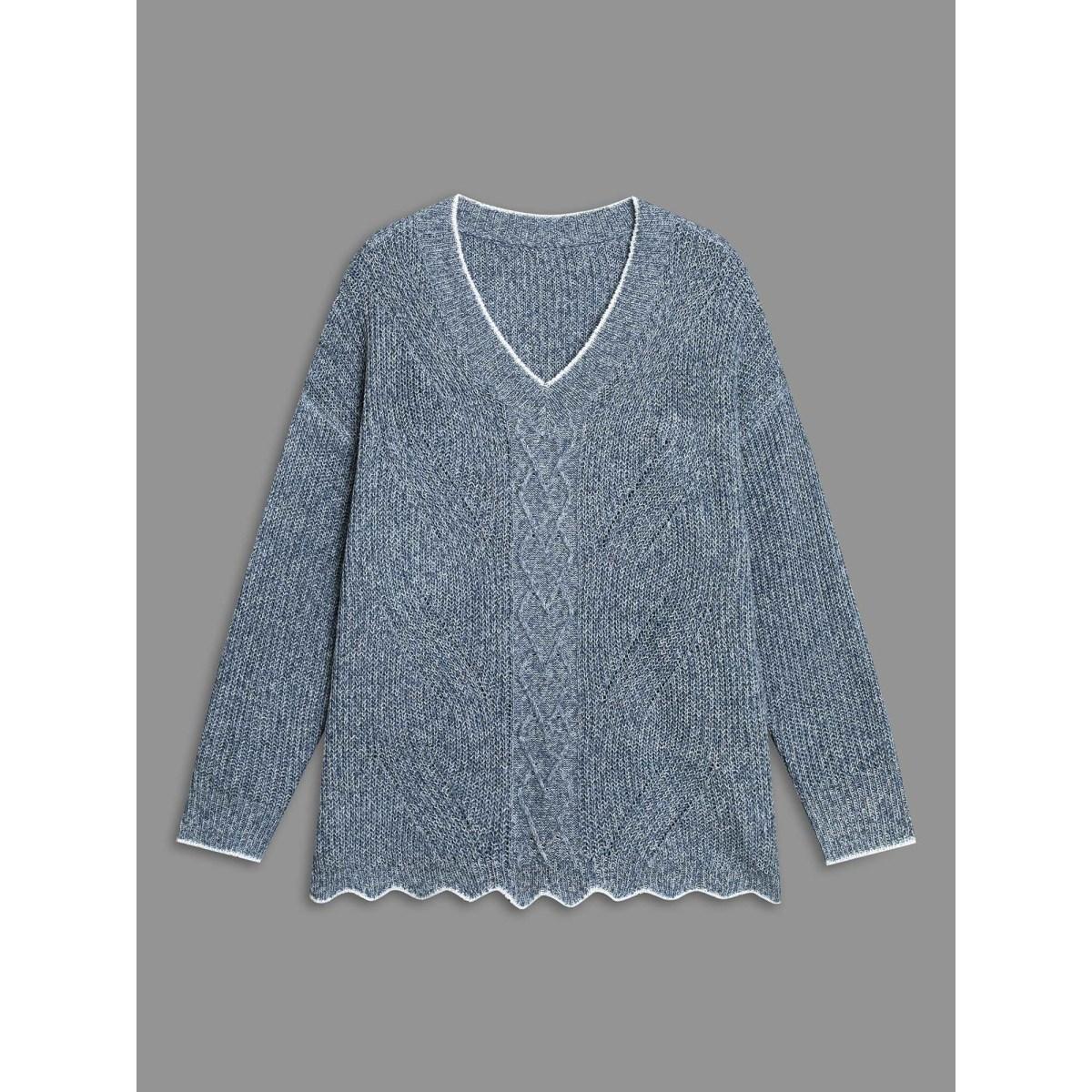 Plus Size Plain Textured Contrast Trim Cable Knit Pullover LightBlue Women Casual Loose Long Sleeve V-neck Everyday Pullovers BloomChic 22-24/3X Product Image