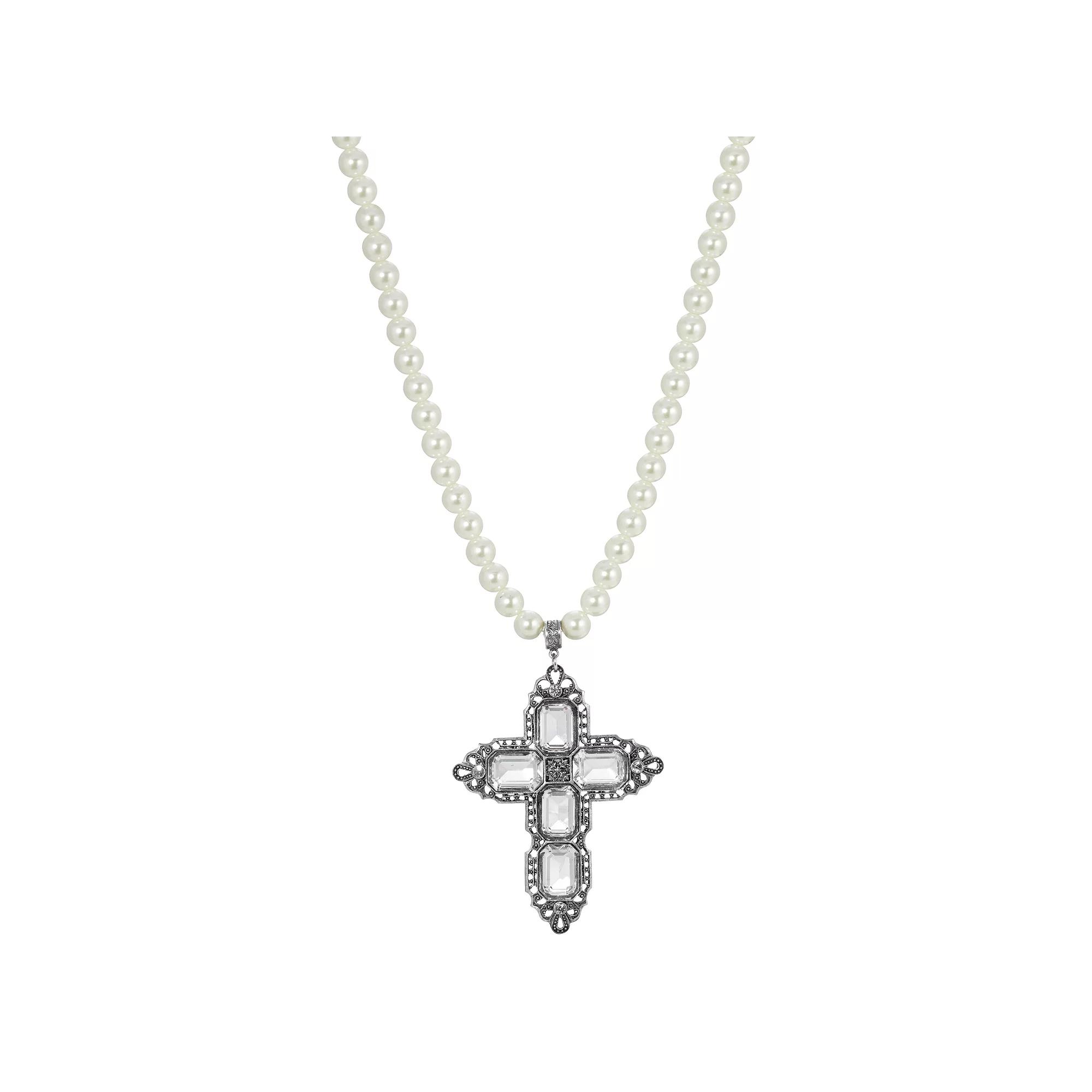 1928 Silver Tone Rectangle Crystal Cross Simulated Pearl Necklace, Women's, Clear Product Image