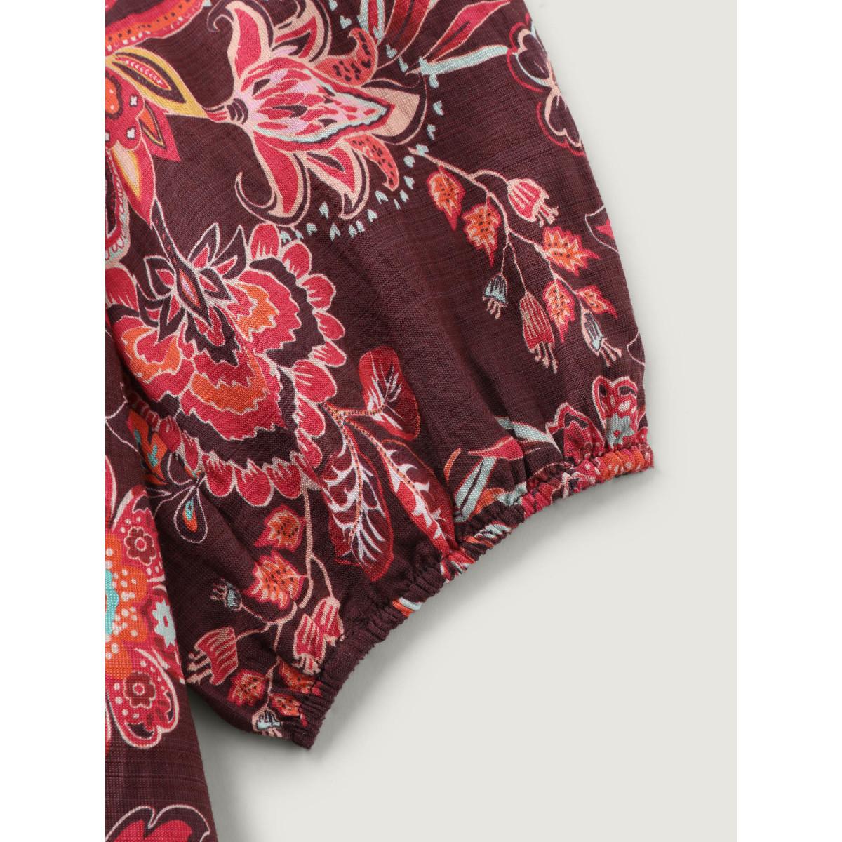 Plus Size Boho Floral Print Cinched-Waist Maxi Dress Burgundy Women Boho Notched collar Long Sleeve Curvy BloomChic 26/4X Product Image