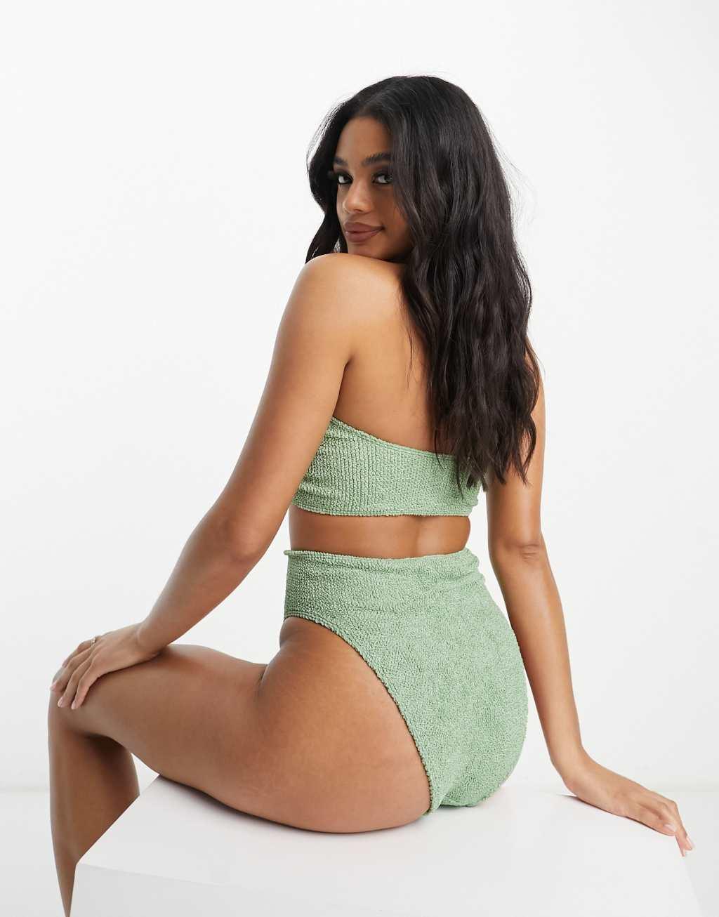 ASOS DESIGN mix and match crinkle high leg high waist bikini bottom in khaki  Product Image