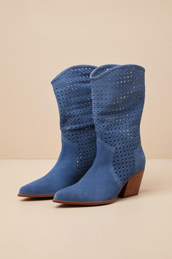 Diva Blue Suede Leather Perforated Mid-Calf Boots Product Image