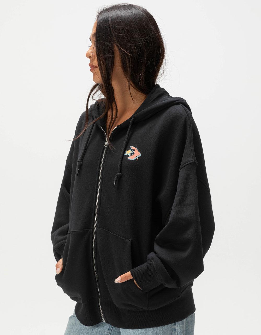 CONVERSE Graphic Womens Oversized Zip-Up Hoodie - BLACK Product Image