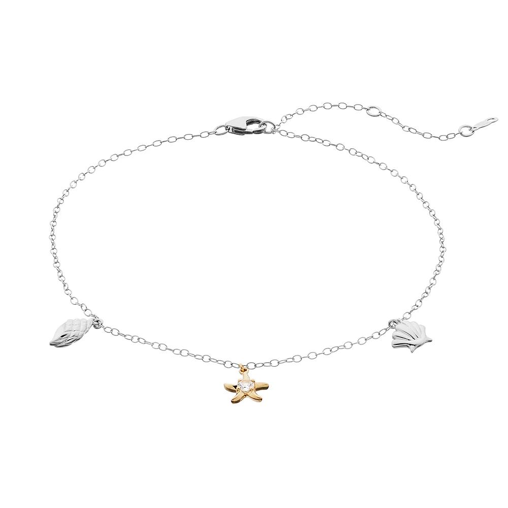 Sterling Silver Lab Created White Sapphire Starfish Anklet, Women's, Two Tone Product Image