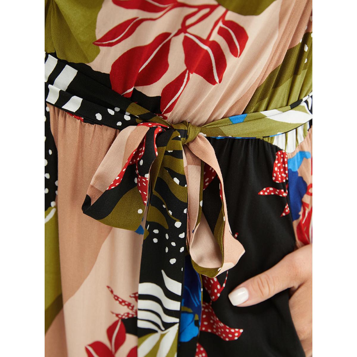 Plus Size Tropical Print Ruched Front Belt Pocket Flutter Hem Dress Multicolor Women Vacation Gathered V-neck Short sleeve Curvy Midi Dress BloomChic 14-16/1X Product Image