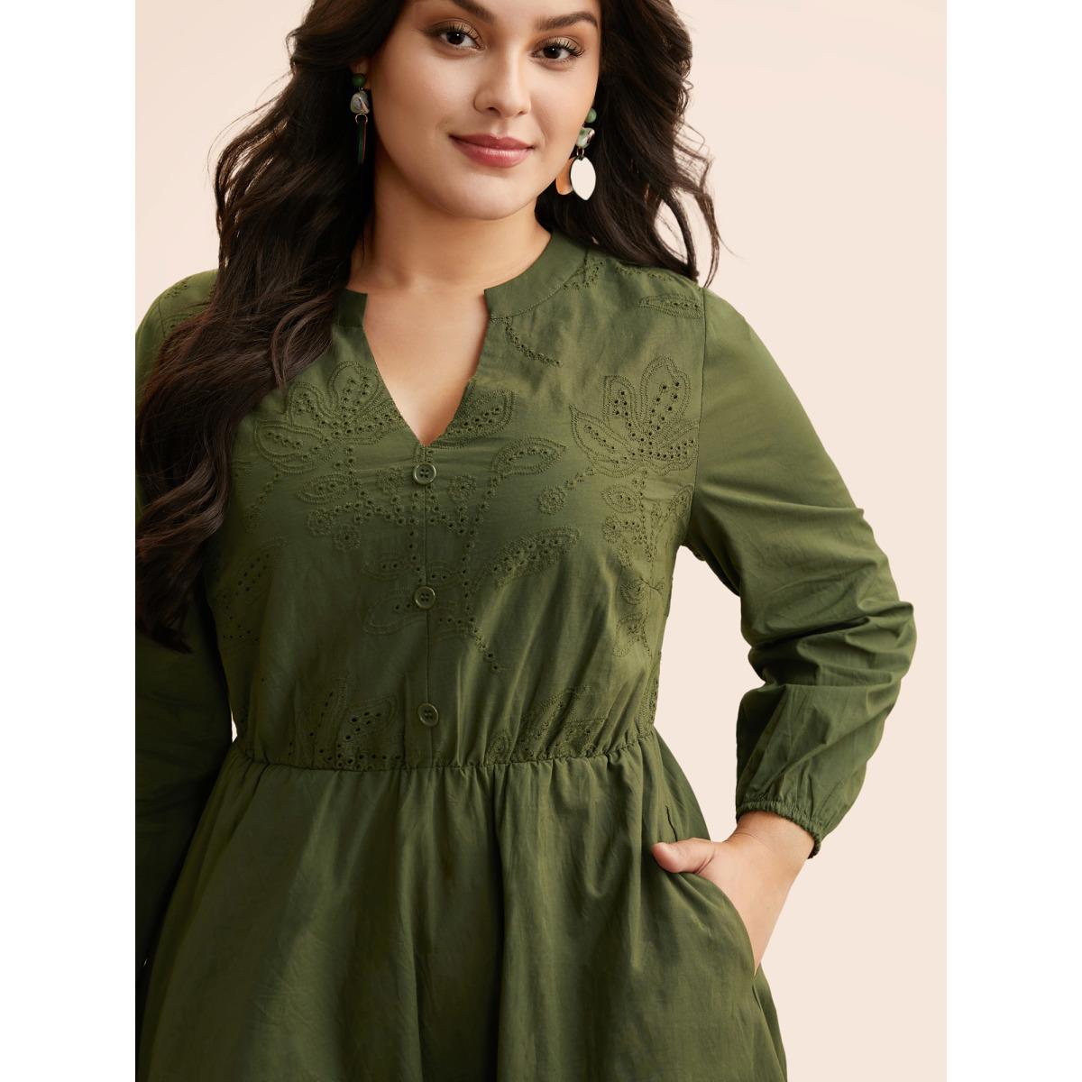 Plus Size Notched Broderie Anglaise Button Detail Dress ArmyGreen Women Elegant Button Notched collar Long Sleeve Curvy BloomChic 18-20/2X Product Image