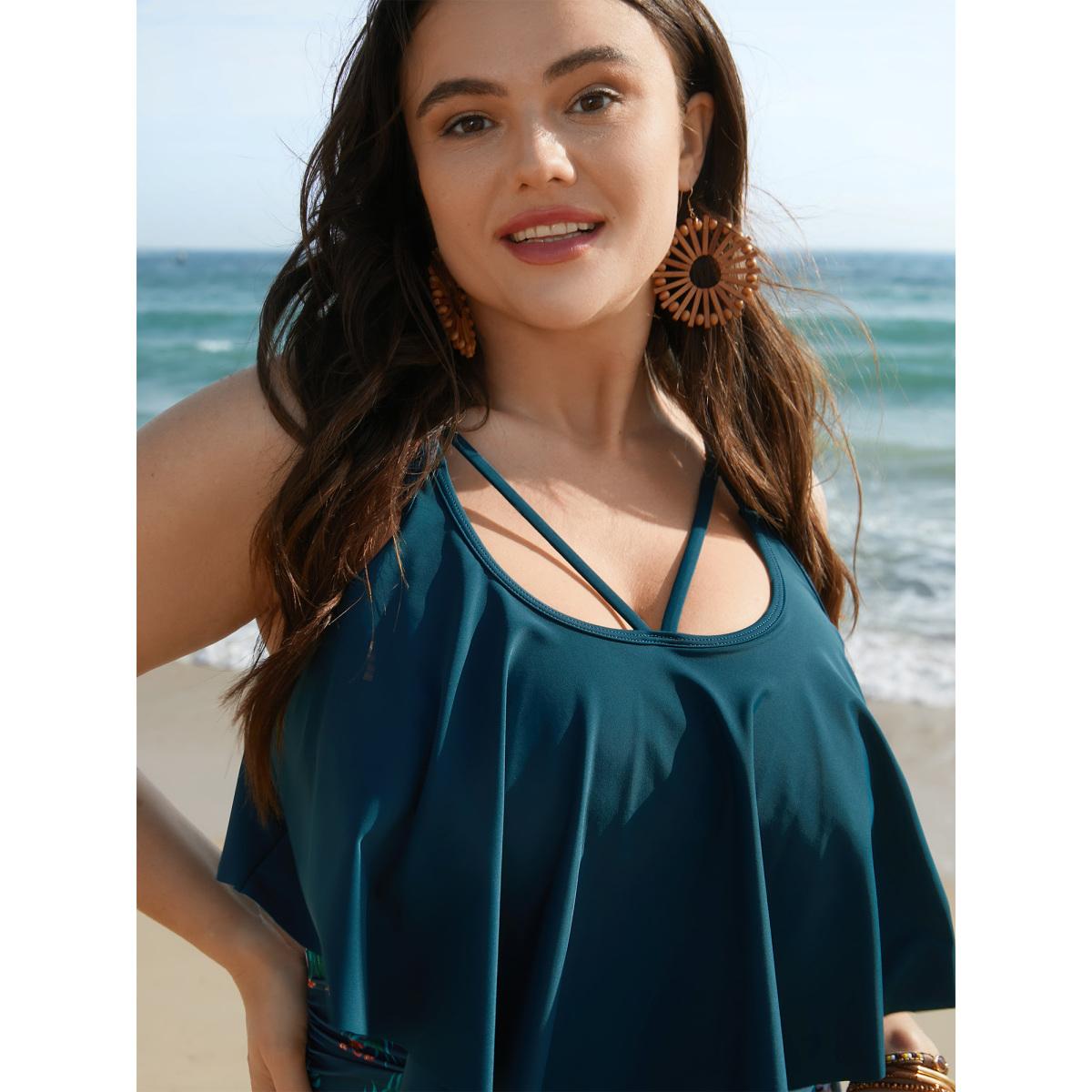 Plus Size Tropical Print Tiered Ruffles Crisscross One Piece Swimsuit Women's Swimwear Cyan Beach Gathered Curve Bathing Suits High stretch One Pieces BloomChic 30/6X Product Image