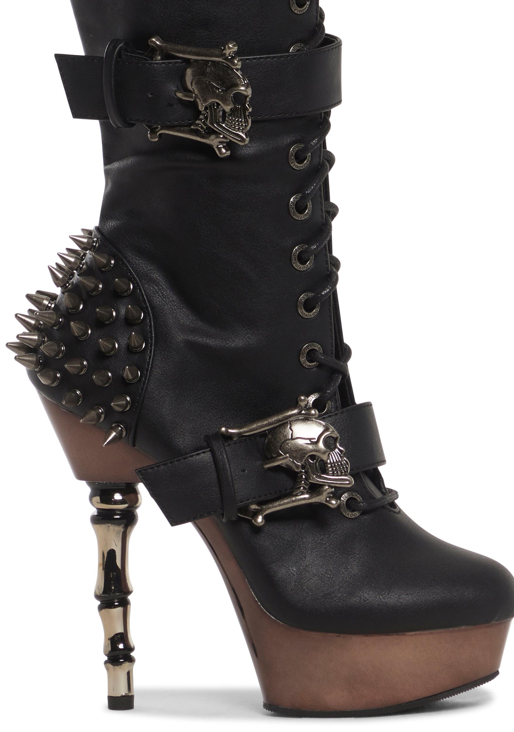Demonia Pirate Skull Stiletto Boots Halloween - Black Product Image