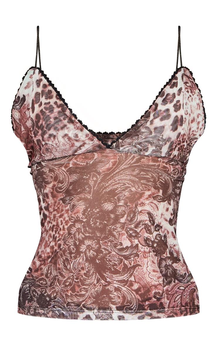 Brown Printed Mesh Strappy Cami Product Image