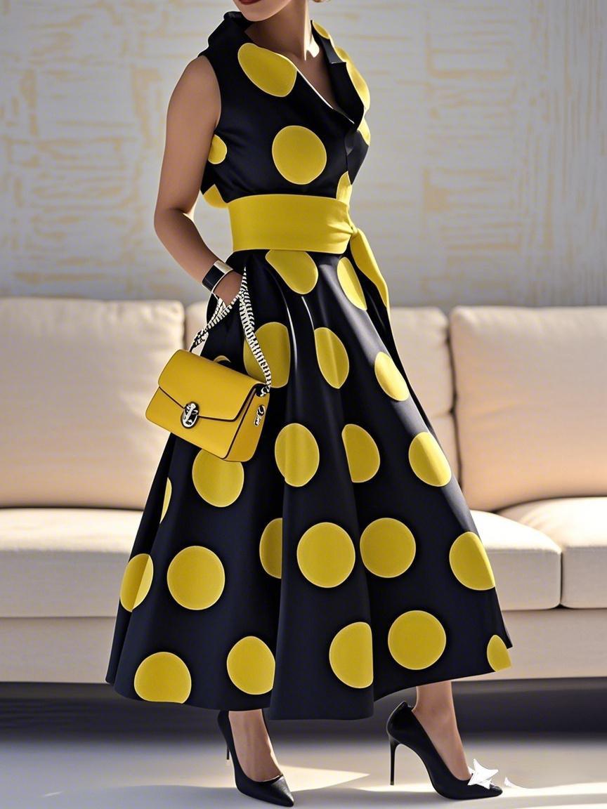 A-Line Loose Pockets Polka-Dot Split-Joint Tied Waist Lapel Maxi Dresses Shirt Dress Product Image