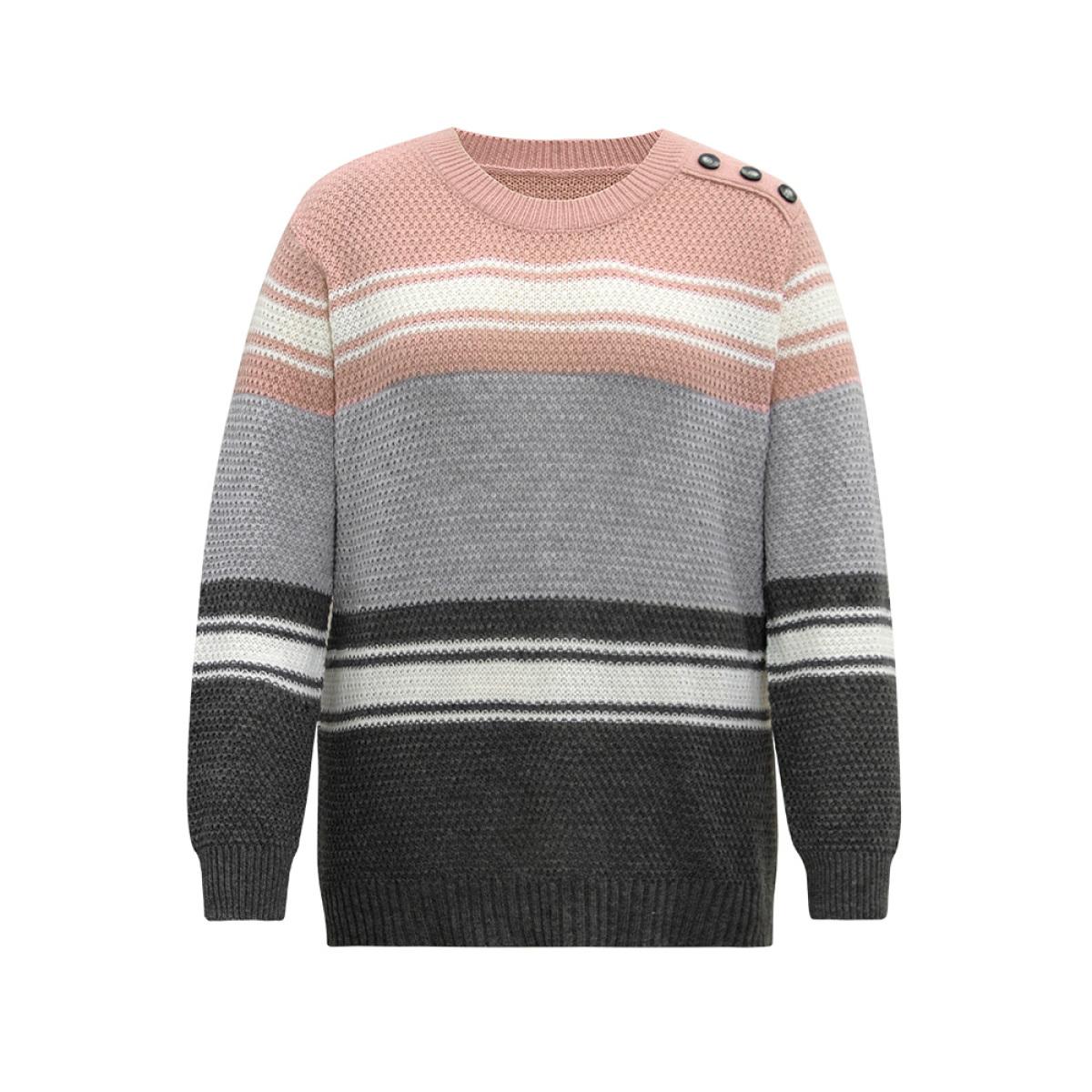 Plus Size Colorblock Button Detail Plisse Pullover Multicolor Women Casual Loose Long Sleeve Round Neck Dailywear Pullovers BloomChic 18-20/2X Product Image