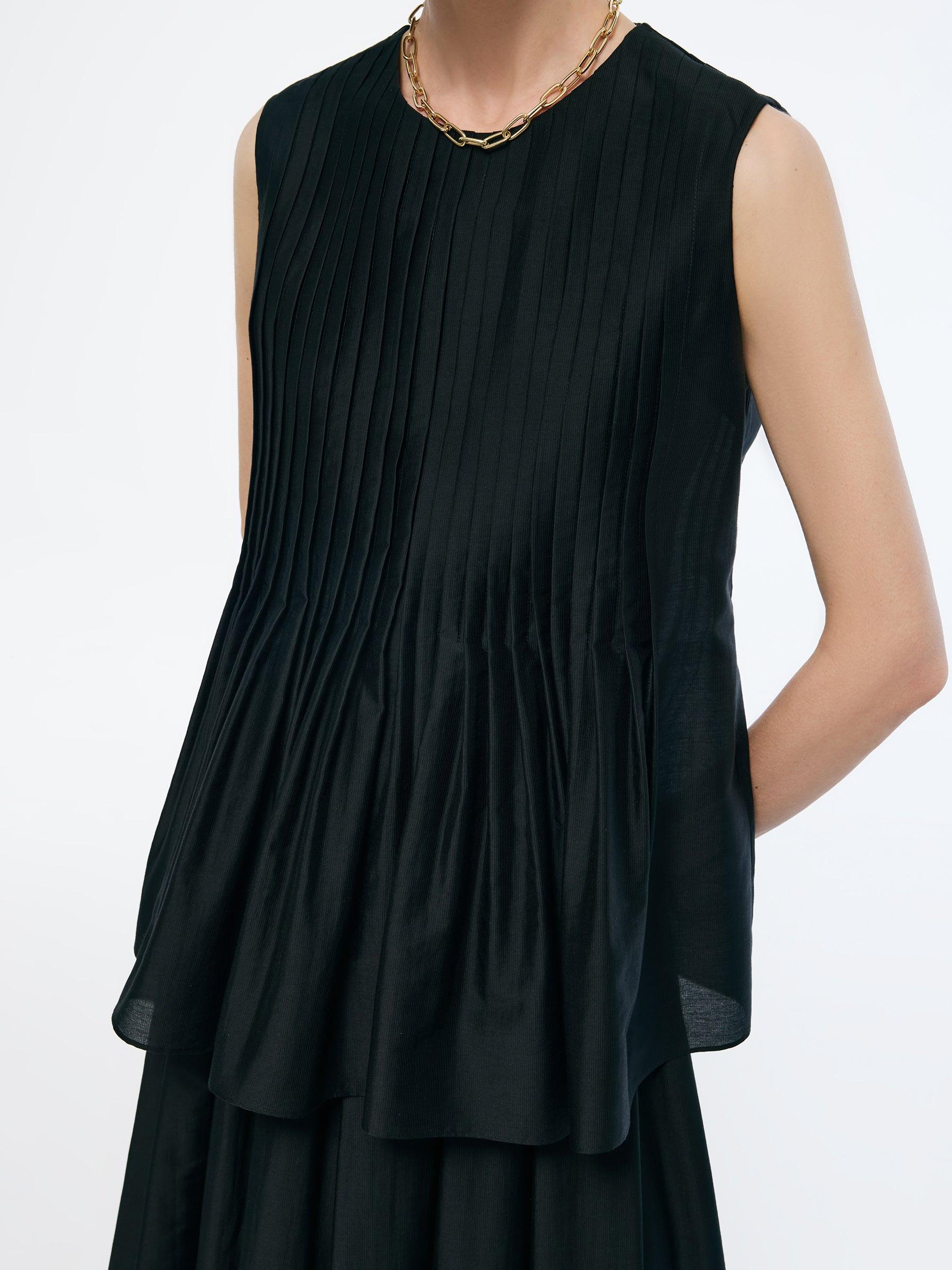 Tencel Blend Ruffle Hem Pleated Tank Top And A-Line Skirt Two-Piece Se Product Image