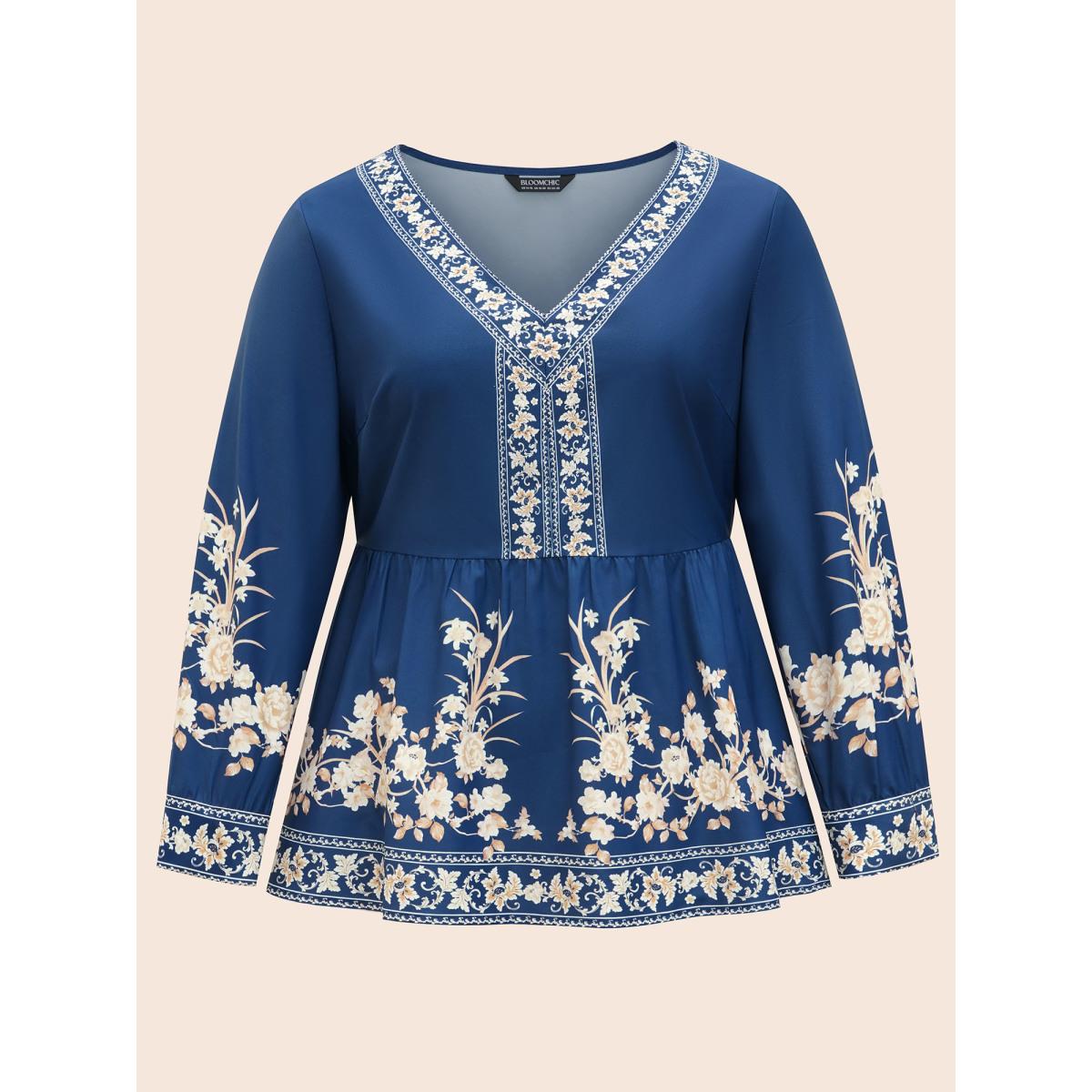 Plus Size Indigo Boho Print Elastic Waist Gathered Blouse Women Elegant Long Sleeve V-neck Everyday Blouses BloomChic 18-20/2X Product Image