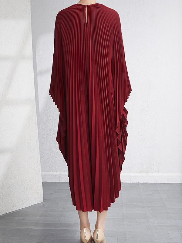 Batwing Sleeves Loose Pleated Solid Color Maxi Dresses Product Image