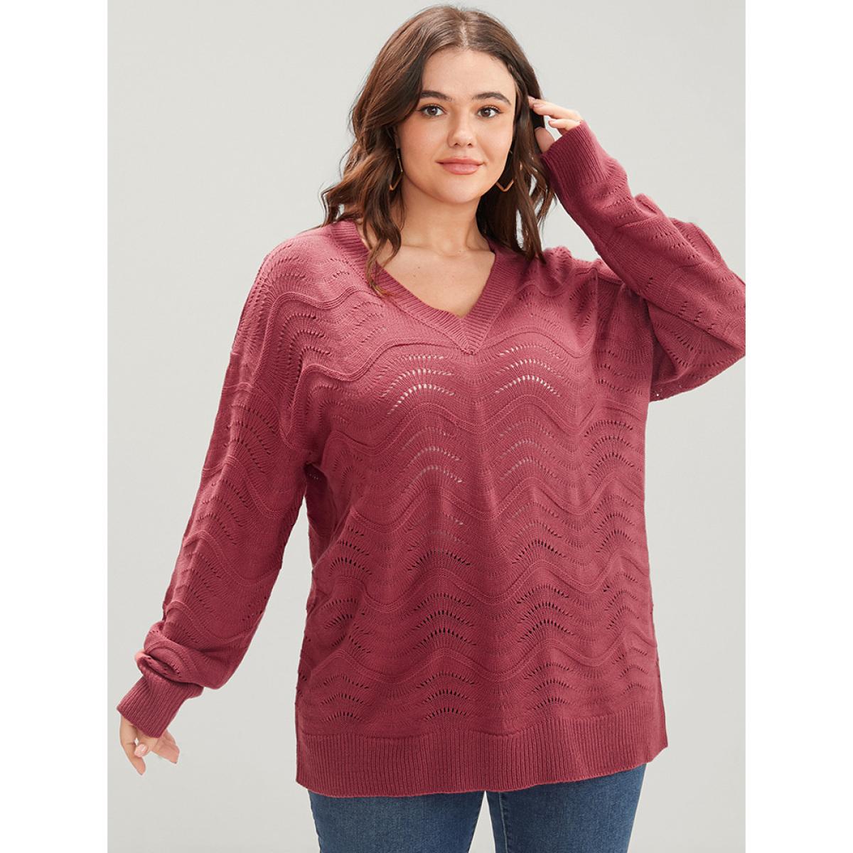 Plus Size Plain Pointelle Knit Water Ripple Eyelet Knit Top Scarlet Women Casual Loose Long Sleeve V-neck Dailywear Pullovers BloomChic 14-16/1X Product Image