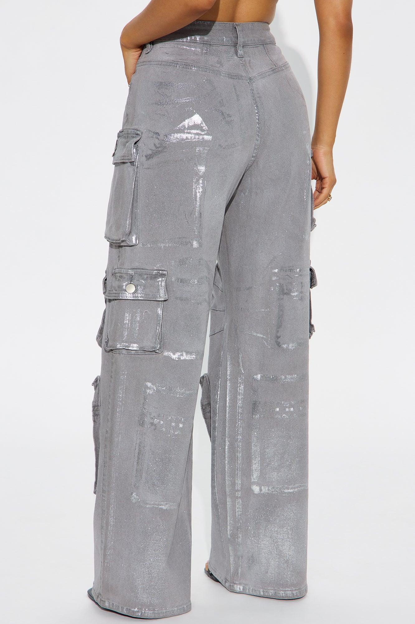 Petite Time To Shine Foil Baggy Cargo Jeans - Silver Female Product Image
