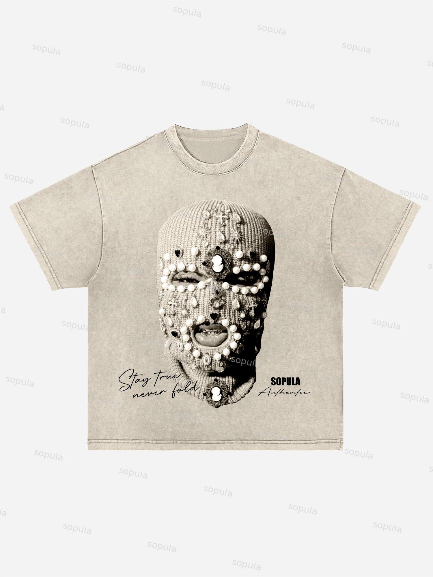 Sopula Gangster Jewelry Mask Portrait Graphic Acid Wash T-shirt Product Image