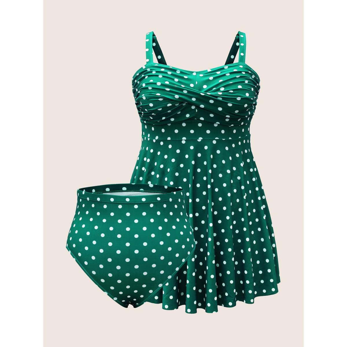 Plus Size Polka Dot Ruched Fit Flare Swim Dress Women's Swimwear Green Beach Bodycon Strapless High stretch Curve Swim Dresses BloomChic 28/5X Product Image