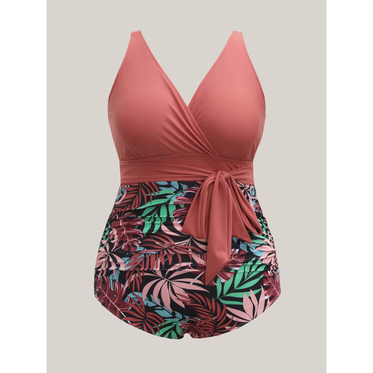 Plus Size Tropical Print Contrast One-Piece Swimsuit Women's Swimwear Watermelon Beach Tie knot Curve Bathing Suits High stretch One Pieces BloomChic 18-20/2X Product Image