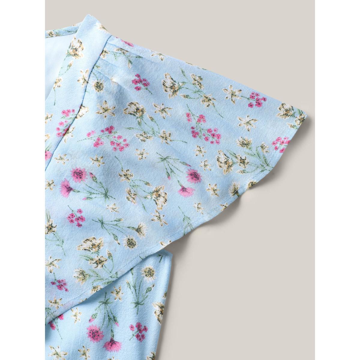 Plus Size LightBlue Floral Print Ruffled Flowy Blouse Women Cap Sleeve Square Neck Elegant Blouses BloomChic 22-24/3X Product Image