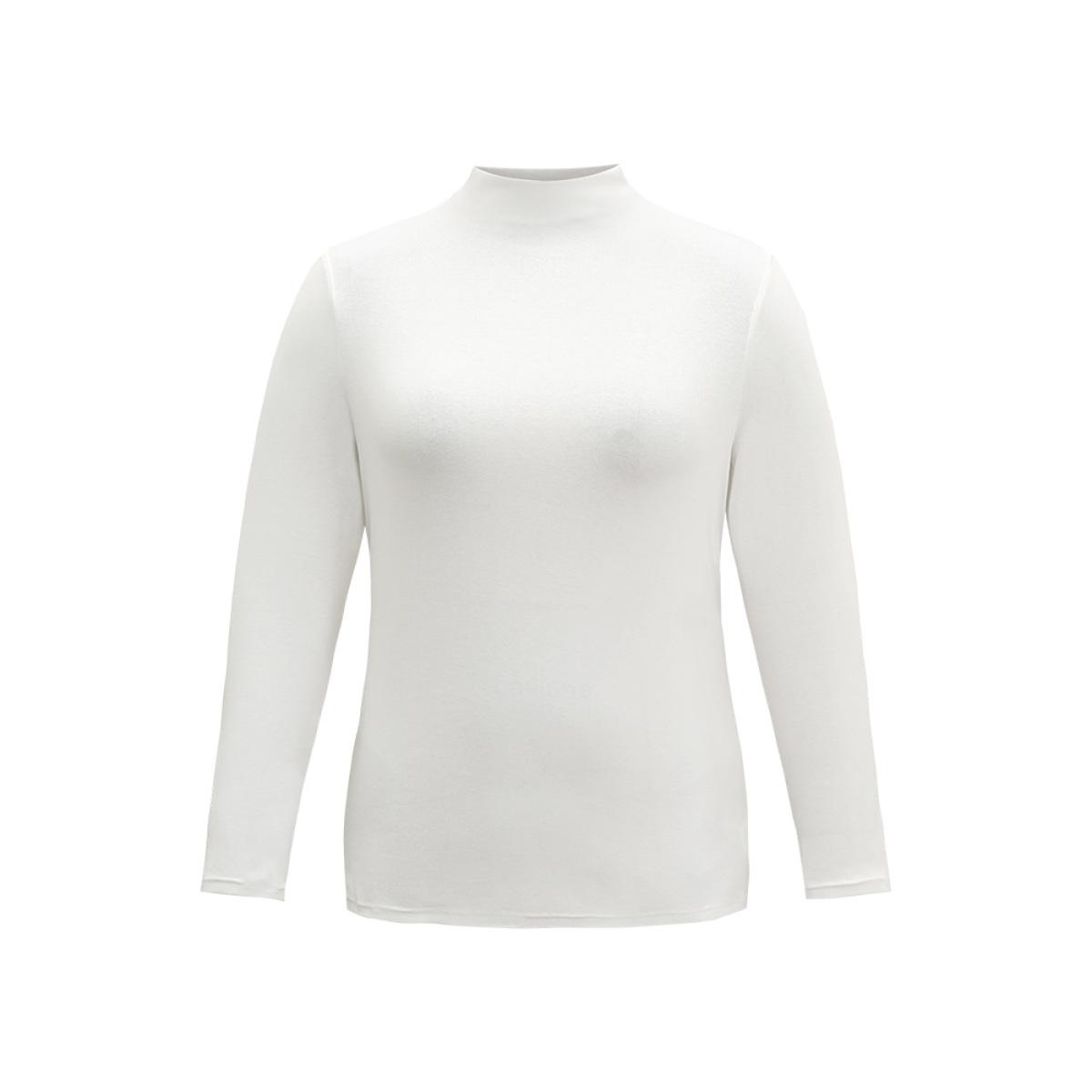 Plus Size Cotton Solid Mock Neck T-shirt White Women Casual Plain Plain Mock Neck Dailywear T-shirts BloomChic 12/L Product Image