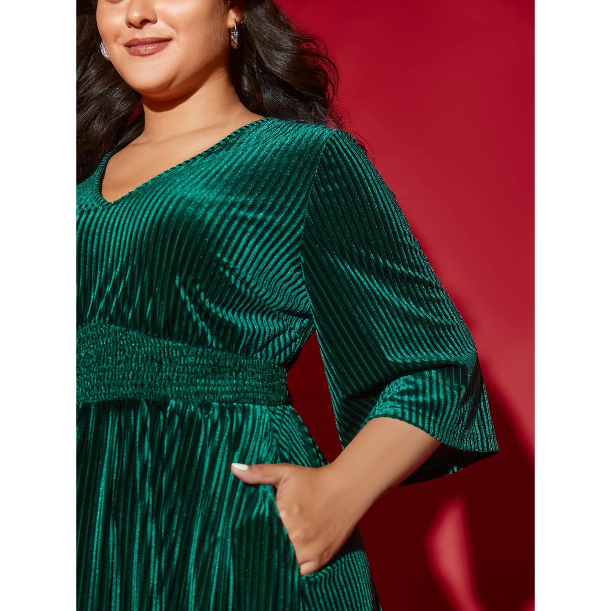 Plus Size Velvet V-neck Ruched Skirt Midi Dress Cyan Women Cocktail Texture Party Curvy Bloomchic 10/M Product Image