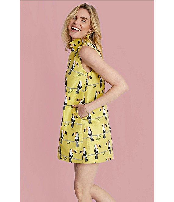 Buru Floral Brocade Toucan Print Mock Neck Sleeveless Shift Mini Dress Product Image