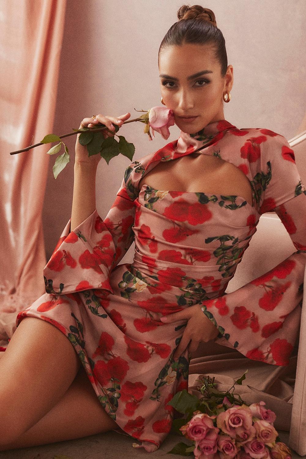 Toira  rose print draped corset dress Product Image