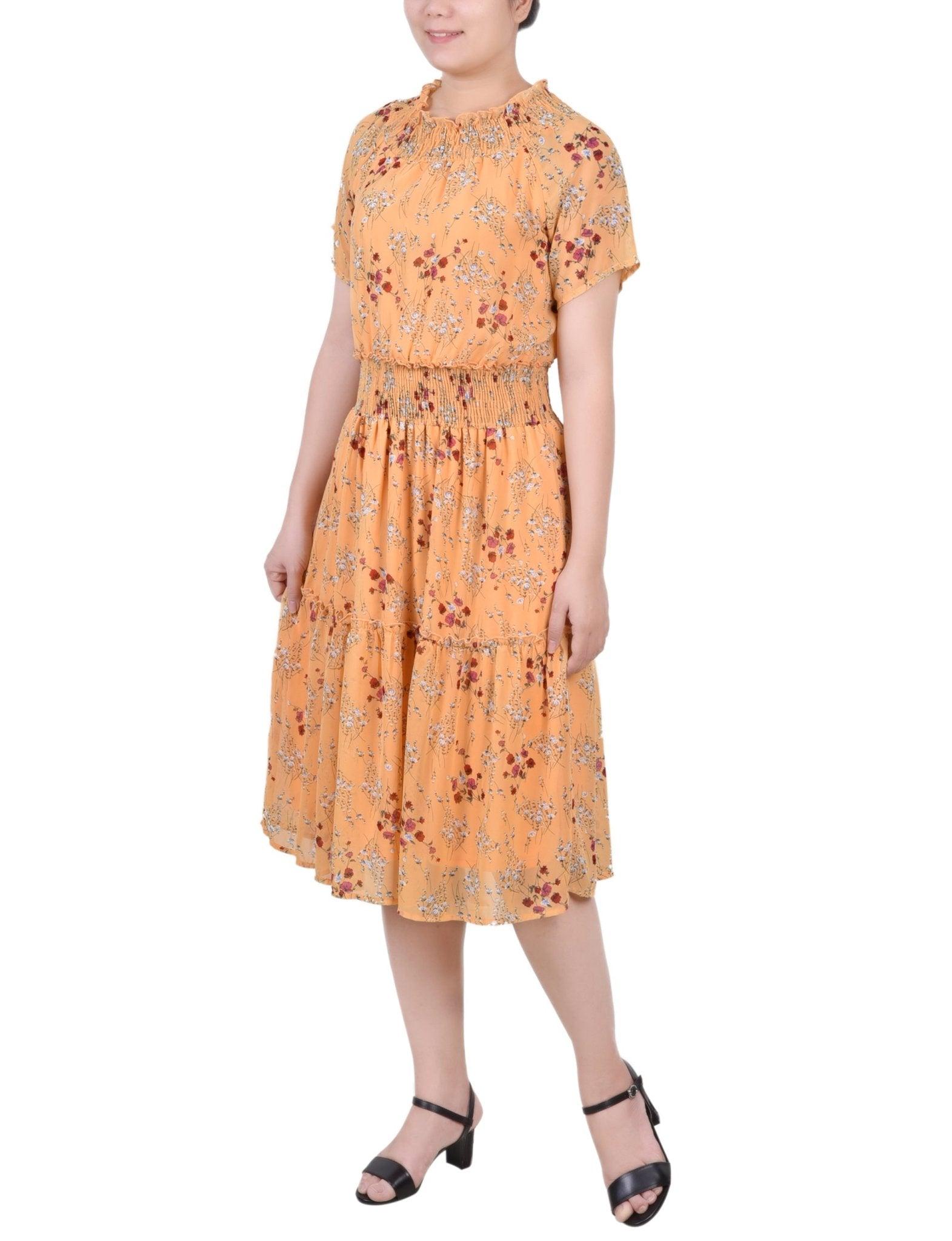 Gold Disty Floral Short Sleeve Smocked Waist Dress Product Image