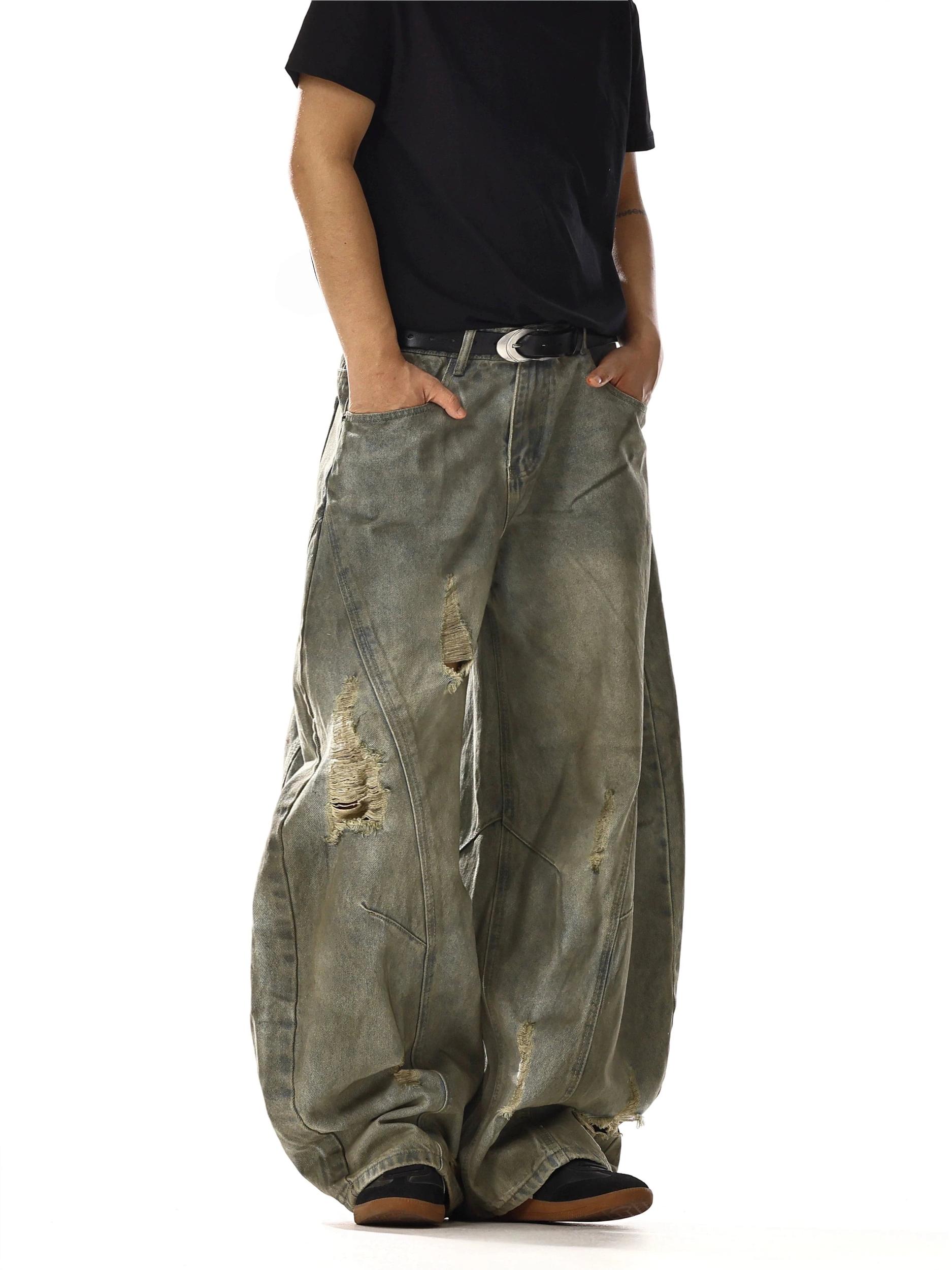 RT No. 18231 GRAY DISTRESSED DENIM PANTS Product Image