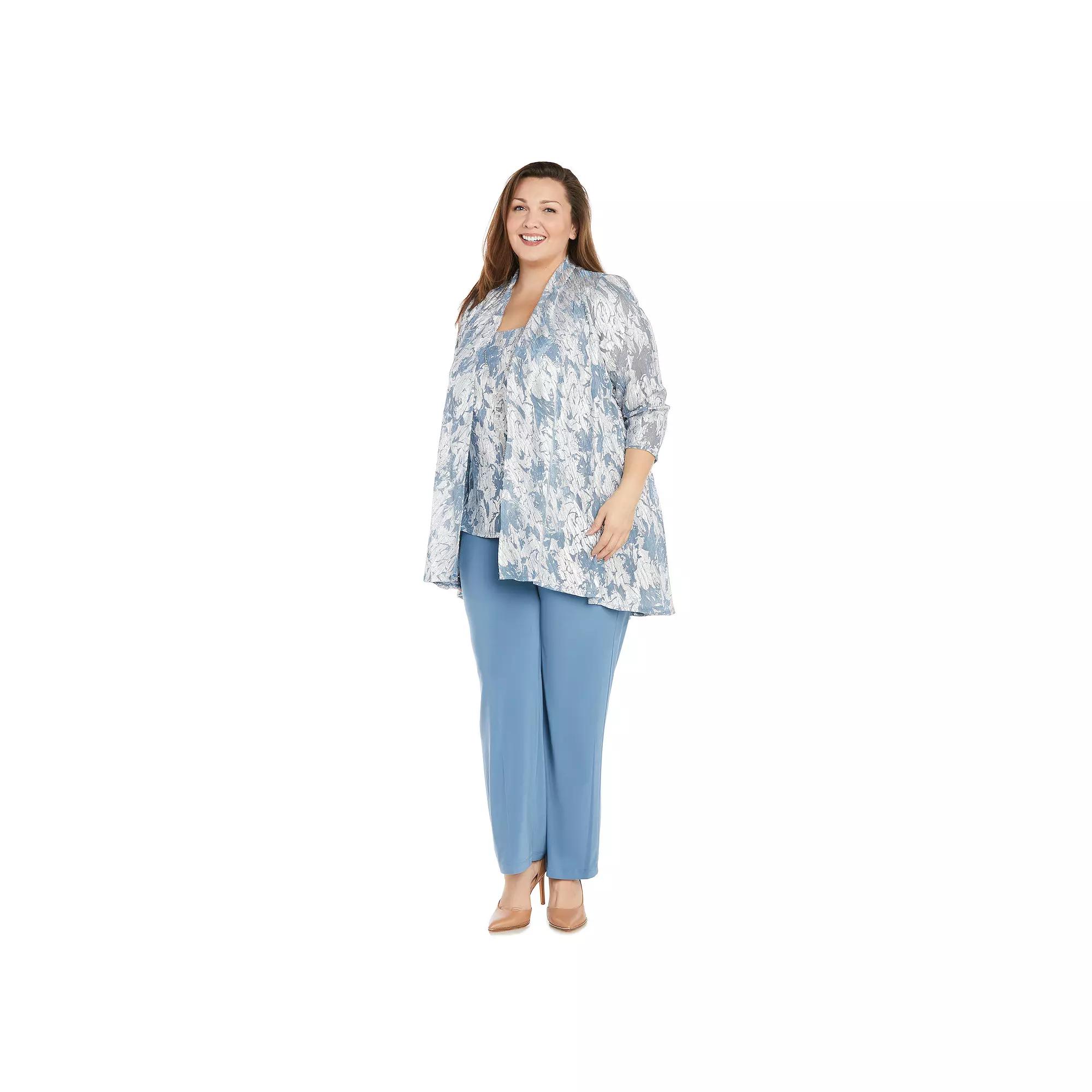 Plus Size R&M Richards 3-pc. Metallic Patterned Jacket, Sleeveless Top & Chiffon Pants Set with Removable Necklace, Women's, Size: 20 W, Ocean Silver Product Image