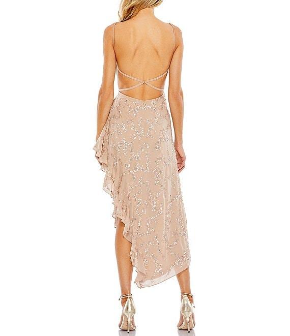 Mac Duggal Sequin Chiffon V-Neck Faux Wrap Sleeveless Ruffle Asymmetrical Hem Dress Product Image
