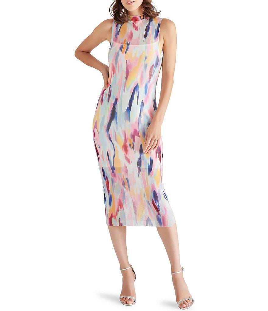 Steve Madden Sidra Watercolor Print Mock Neck Sleeveless Mesh Midi Dress Product Image