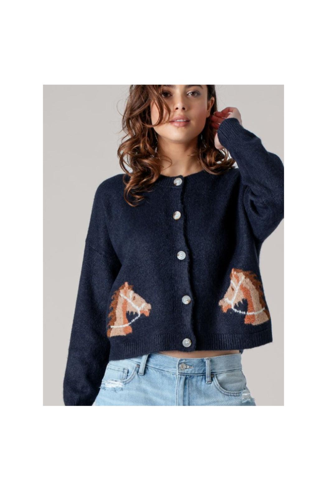 Western Horse Graphic Ribbed Trim Crew Neck Cardigan Product Image