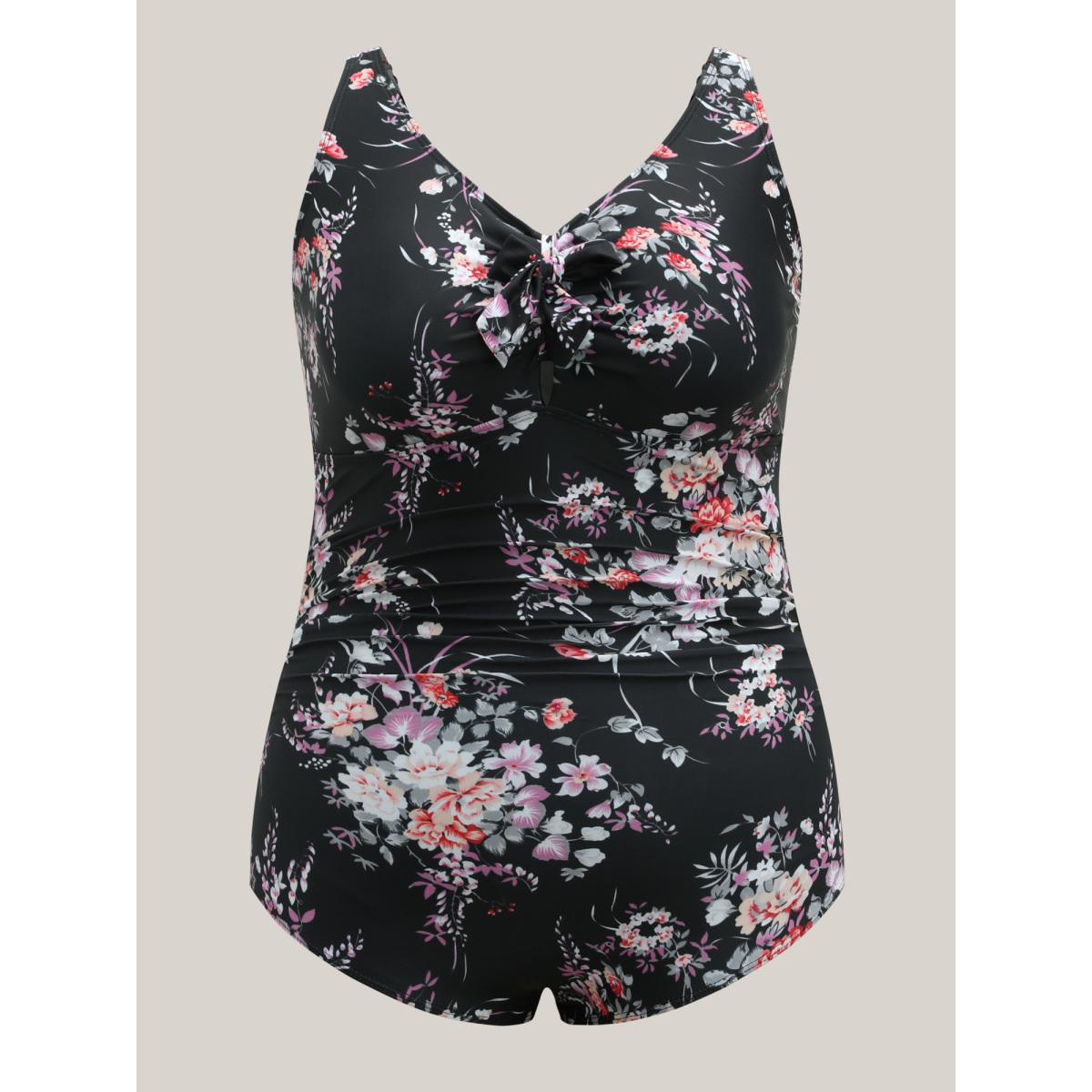 Plus Size Floral Print Knotted One-Piece Swimsuit Women's Swimwear Black Beach Tie knot Curve Bathing Suits High stretch One Pieces BloomChic 30/6X Product Image