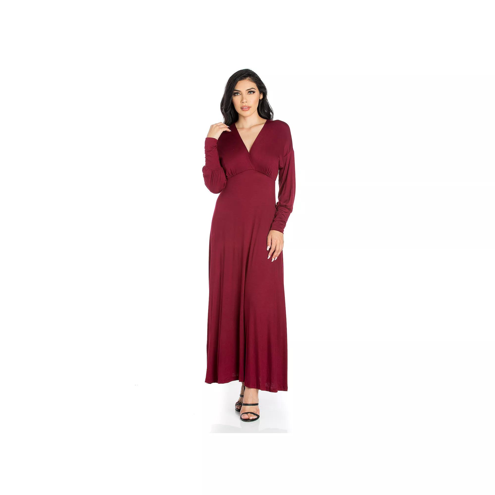 Women's 24seven Comfort Apparel V-Neck Long Sleeve Flared Maxi Dress,  Product Image