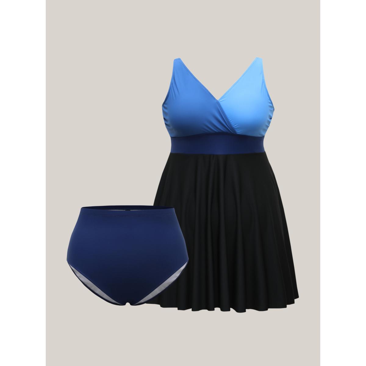 Plus Size Color-Block Surplice Neck Adjustable Swim Dress Women's Swimwear Mediumblue Beach Bodycon Overlap Collar High stretch Curve Swim Dresses BloomChic 12/L Product Image