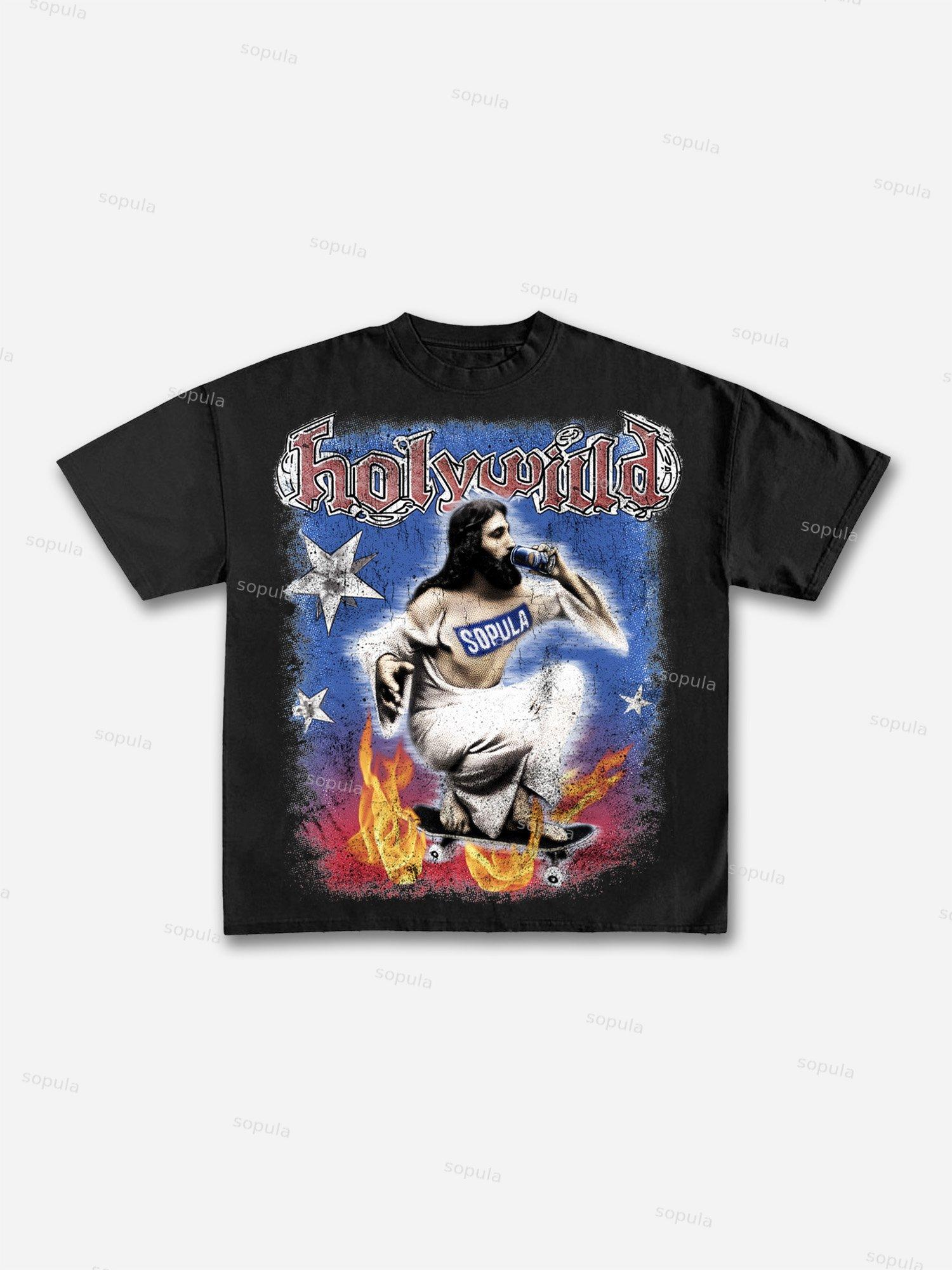 Retro Street Jesus Holy Wild Graphic Cotton T-shirt Product Image