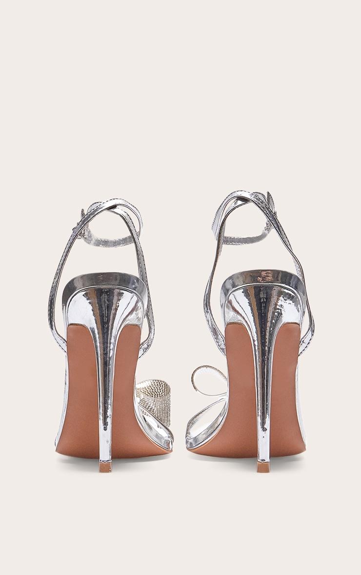Silver PU Round Toe Diamante Bow Heeled Sandals Product Image