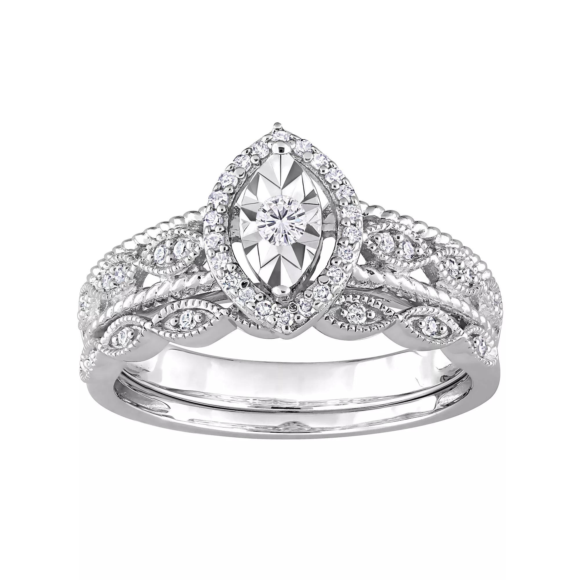 Stella Grace Sterling Silver 1/5 Carat T.W. Diamond Marquise Halo Engagement Ring Set, Womens Product Image
