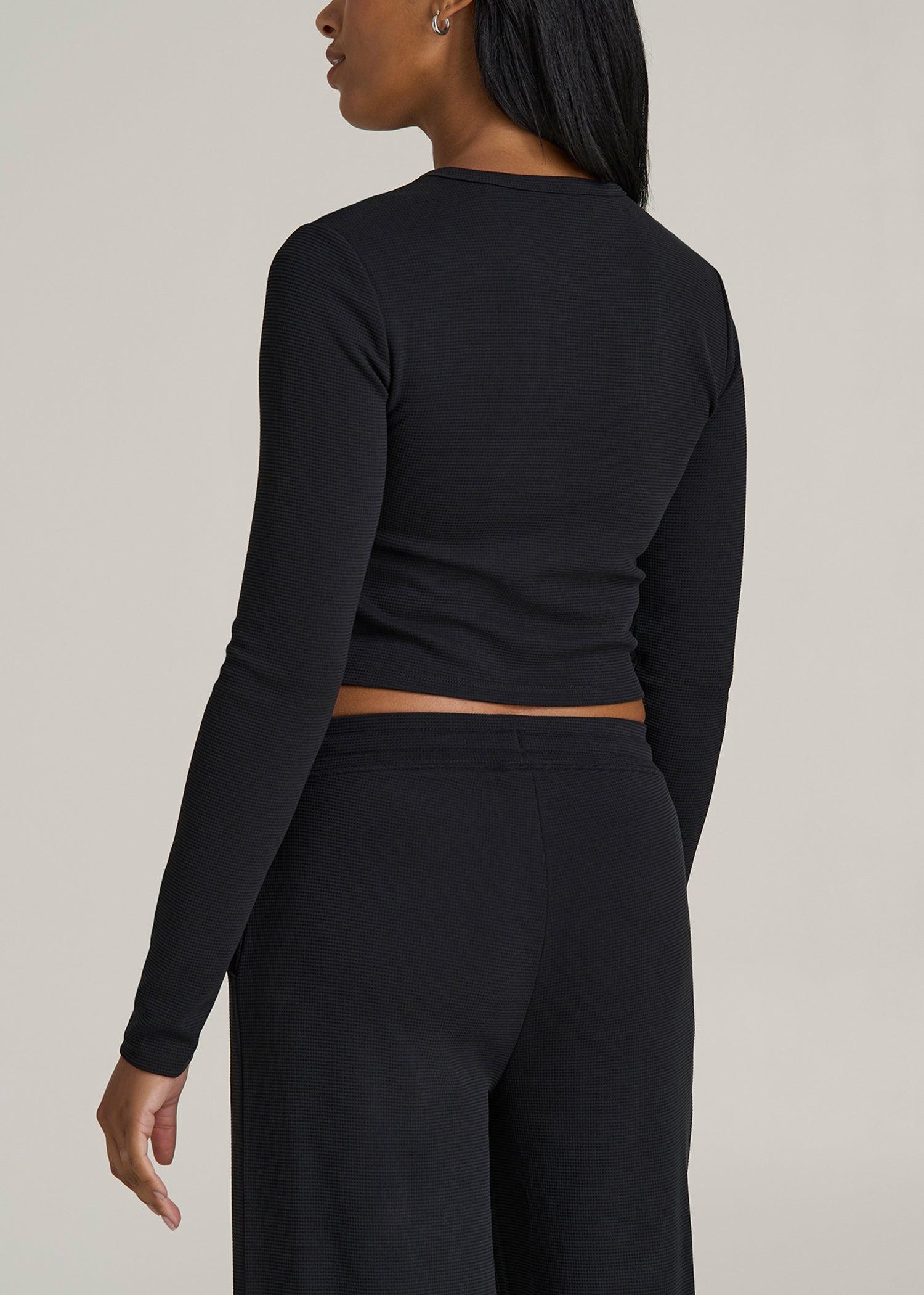 Cropped Long Sleeve Waffle Shirt for Tall Women in Black Female Product Image