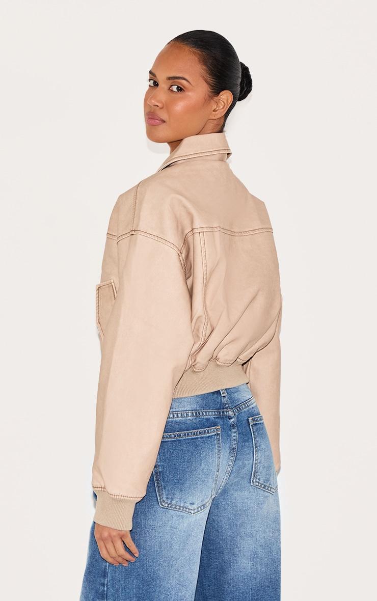 Cream Bleach Detail Faux Leather Cropped Bomber Product Image