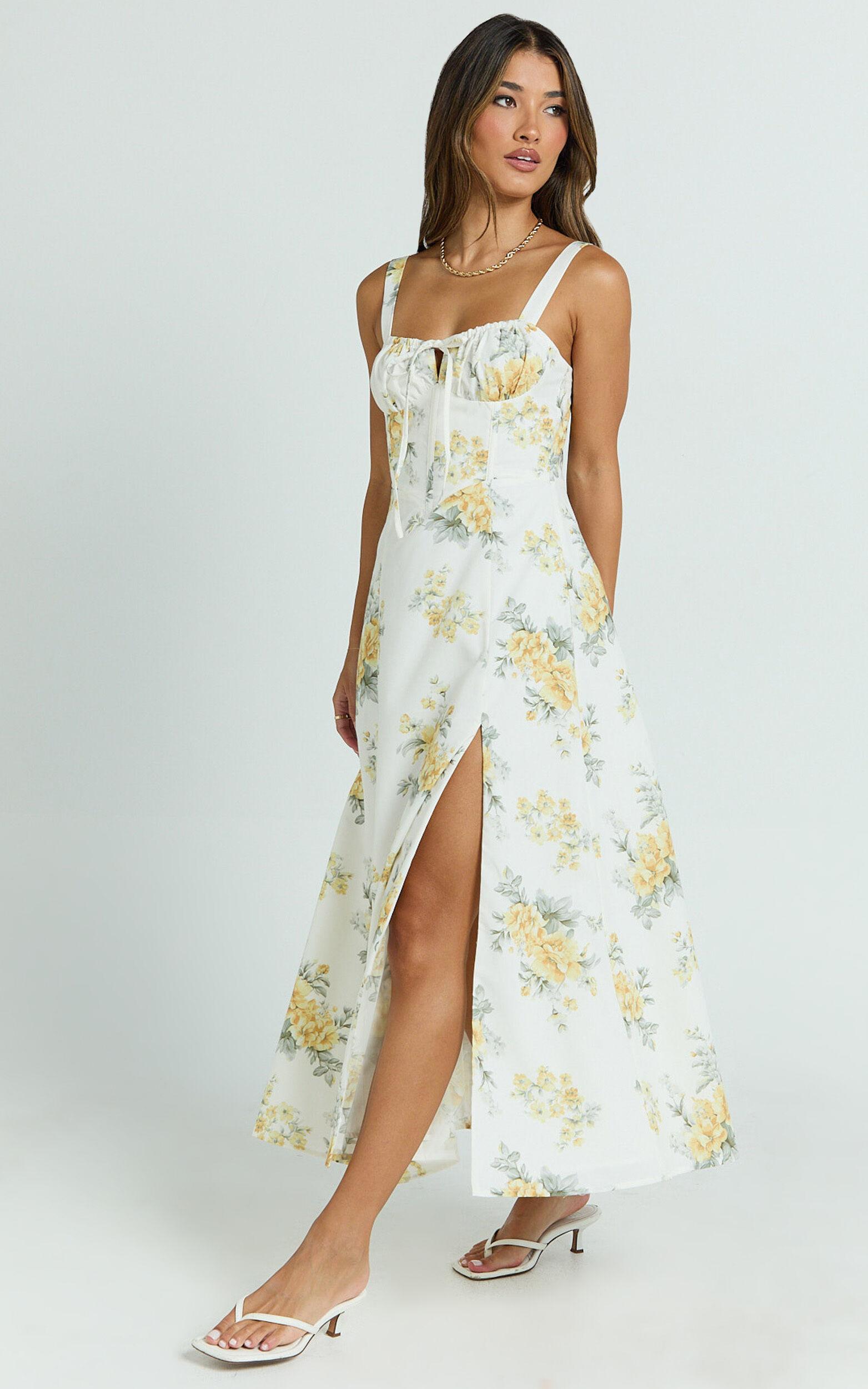 Gretel Midi Dress - Tie Front Corset Leg Split Dress in Antique Florals Product Image